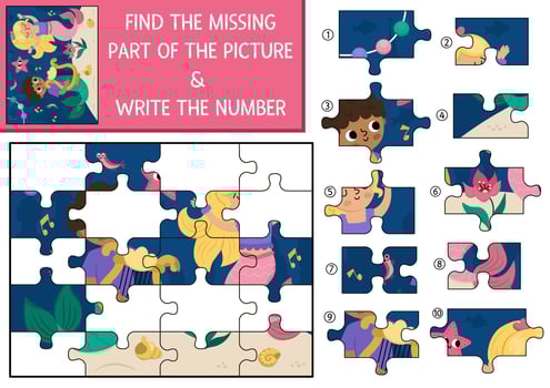 mermaid cut and glue or matching activity with jigsaw puzzle pieces. Game with cute underwater landscape, dancing sea princess, merman with harp. Fun marine printable worksheet for children vector