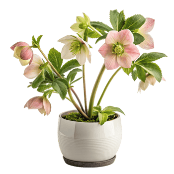 Pink hellebore plant in white pot isolated on transparent background png