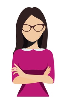 Faceless female character with long hair and glasses, with arms crossed across her chest. She wears collared shirt under an office jumper , symbolizing leadership, confidence, and individuality. vector