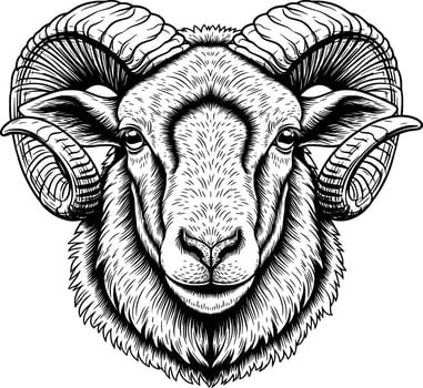 line art drawing of sheep detail white background horned zoom face vector