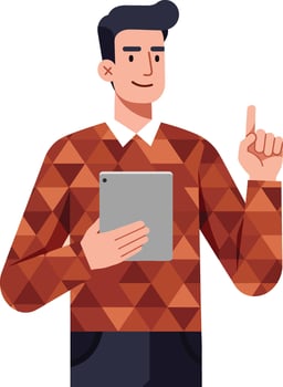 Young man holding tablet and pointing finger digital device user with geometric sweater illustration vector
