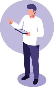 Man holding tablet and pointing with finger in casual outfit on purple background illustration vector
