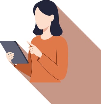 Woman using digital tablet in orange sweater with long shadow flat design illustration vector