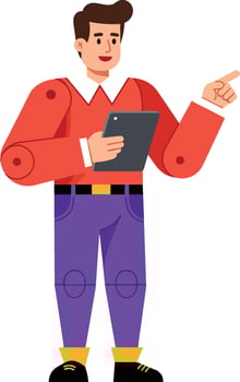 Young man holding tablet and pointing finger in casual outfit on purple background illustration vector