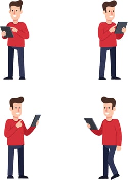 Man Using Tablet Device in Various Poses with Red Sweater on Orange Background Illustration vector