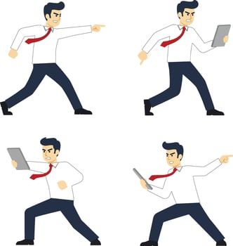 Businessman with digital devices in various action poses on red background illustration set vector