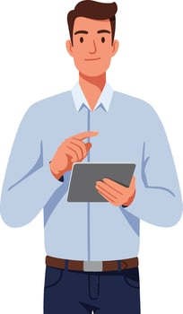 Young man using digital tablet in casual shirt with neutral background illustration technology and lifestyle concept vector