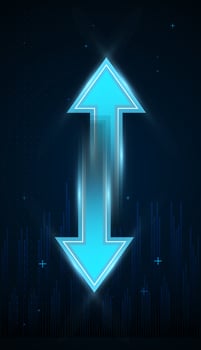 Two arrows pointing up and down in different ways, transfer arrows blue with lighting in it pointing in different direction concepts on dark blue background vector