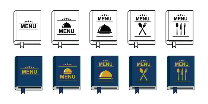 Food menu book icon. Restaurant menu icon set vector