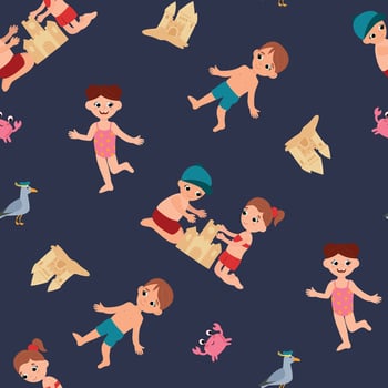Children playing beach games and building sandcastles vector