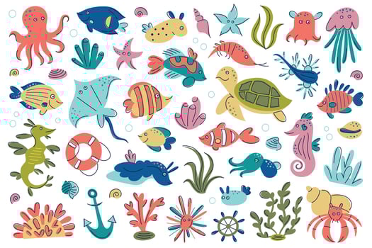 Colorful illustrations of sea creatures vector