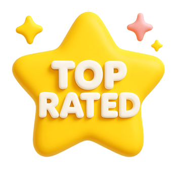 3d rendered yellow star with top rated text and decorative shimmering stars png