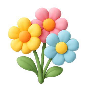 Playful 3d illustration of a bouquet with yellow pink and blue blooming flowers png