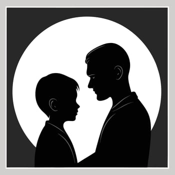 Father Son Silhouette Embrace Black White Circular Background Tender Moment Family Bonding vector