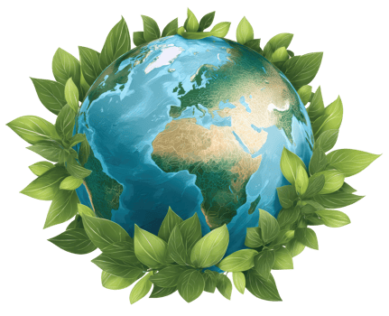 Earth surrounded by green leaves environmental concept on transparent background Illustration png