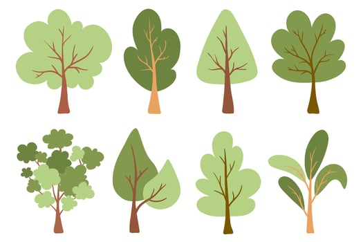 Flat tree set. Cartoon green trees collection, Woods doodle symbols set. Spring and Summer trees. Artistic forest tree icons for presentations, website, ads, school, kids, infographics, packaging. vector