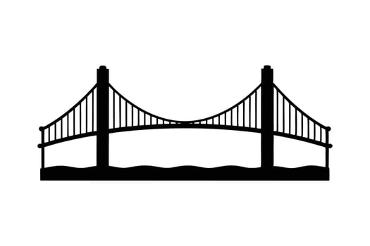 A black silhouette art of a suspension bridge stretching across water vector