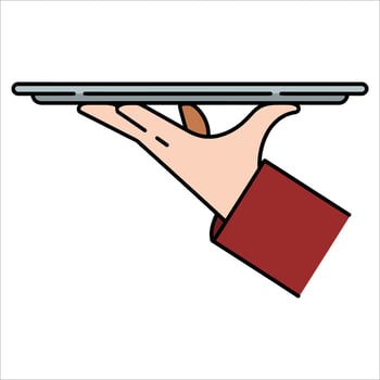 Waiter hand holding serving tray . Professional food service illustration ideal for restaurant branding and hospitality themes. vector