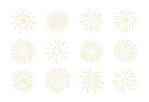 Yellow simple Fireworks isolated on white background. Festival colorful explosion set for holiday banner, poster, flyer, greeting card, decorative elements. New year birthday decoration. vector