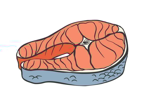 Colorful fish steak illustration, ideal for restaurant menus, seafood packaging, cooking blogs, nutrition guides, recipe books, or culinary branding. vector