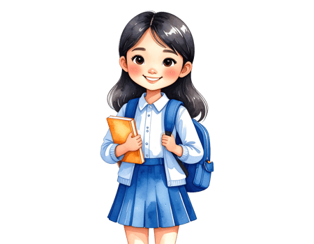 Watercolor illustration of a cartoon girl student with a backpack. png