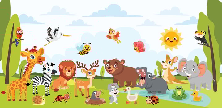 Cartoon animals in a colorful forest vector