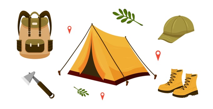 Camping gear set including yellow tent, shoes, backpack, axe and cap vector