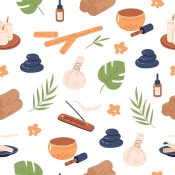 Seamless pattern with thai massage traditional elements and tropical plants. Hand drawn illustration for wrapping paper, textile, fabric. vector