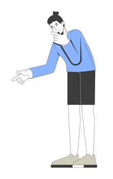Modern caucasian man in longsleeve finger pointing and thinking 2D cartoon character. Topknot european male rubbing chin, gesturing flat person isolated on white. Spot illustration colorful vector