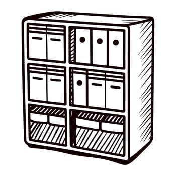 Hand drawn office file organizer cabinet sketch with folders and storage boxes in black and white isolated vector