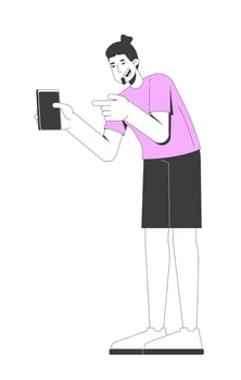 Bearded european man pointing at smartphone screen 2D cartoon character. Digital lifestyle. Casual caucasian guy taking on phone flat person isolated on white. Spot illustration colorful vector