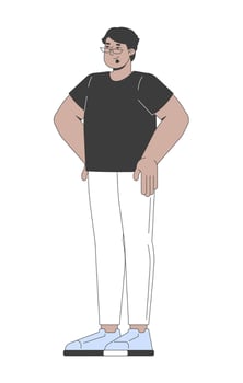 Arab man with eyeglasses standing confidently with hands on hips 2D cartoon character. Glasses guy in black tshirt and white pants flat person isolated on white. Spot illustration colorful vector