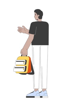 Facing away indian man holding backpack and pointing forward 2D cartoon character. South asian young male everyday wear gesturing flat person isolated on white. Spot illustration colorful vector