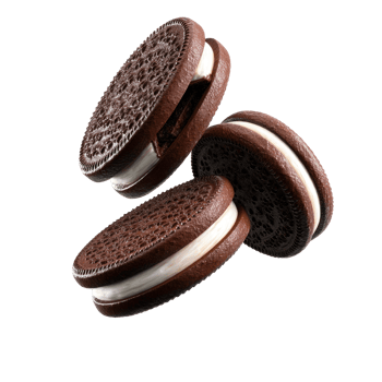 Three Chocolate Sandwich Cookies with Cream Filling Floating on Transparent Background png