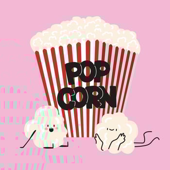 Cartoon doodle kawaii popcorn. Cinema cartoon characters and bucket with popcorn. Comic illustration with funny movie mascot vector