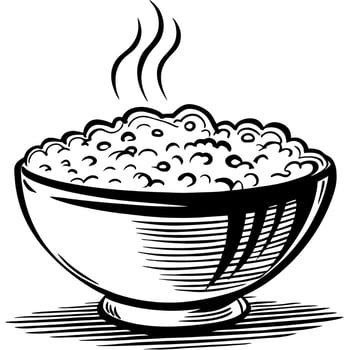 Hand drawn bowl of steaming hot rice in black and white vintage engraving illustration vector