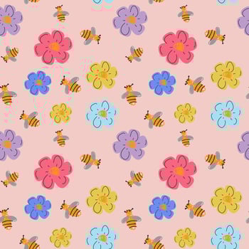 Bees and multicolor floral pattern on blush pink. Perfect for nursery decor, fabric prints, and garden-party branding. vector