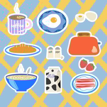 Playful breakfast illustrations in white outlines. Vibrant yellow-blue backdrop for food packaging and restaurant graphics. vector