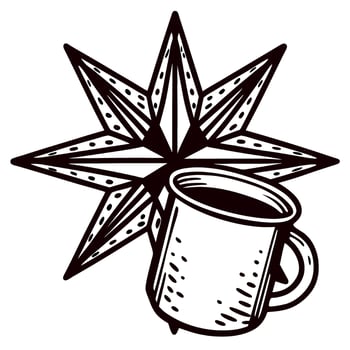 Vintage metal mug illustration against eight pointed geometric star in hand drawn black and white engraved vector