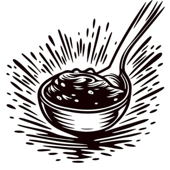 Hand drawn vintage ladle with soup sketch engraved culinary utensil illustration in retro with liquid splash vector