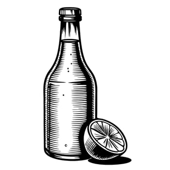Hand drawn glass bottle with half lemon vintage illustration in black and white vector