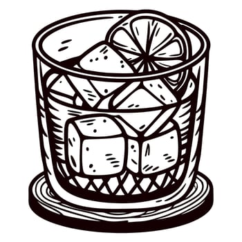Hand drawn illustration of whiskey glass with lemon slice and ice cubes on round coaster vector