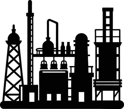 Black Silhouette Illustration Refinery Towers Oil Barrels Industrial Complex vector