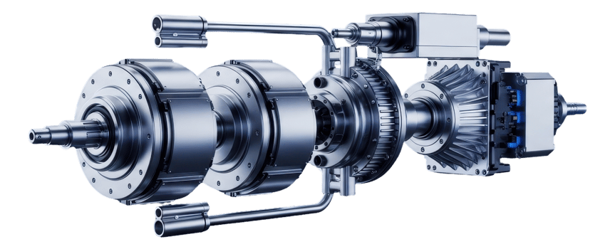 Detailed view of a complex industrial mechanical transmission system with gears and shafts png