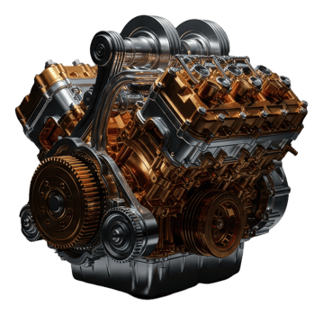 Detailed v8 engine with polished gold and chrome parts for automotive power png
