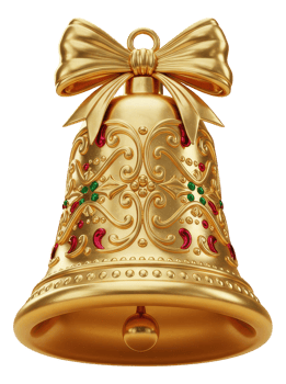 Festive golden christmas bell adorned with elegant bow and holiday ornaments png