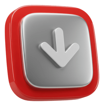 Sleek 3d download button icon with white down arrow on gray and red design png