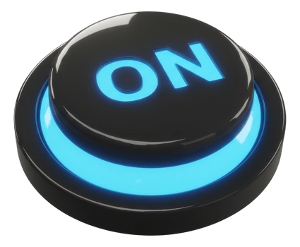 Modern black on button with bright blue illumination for digital power and control png