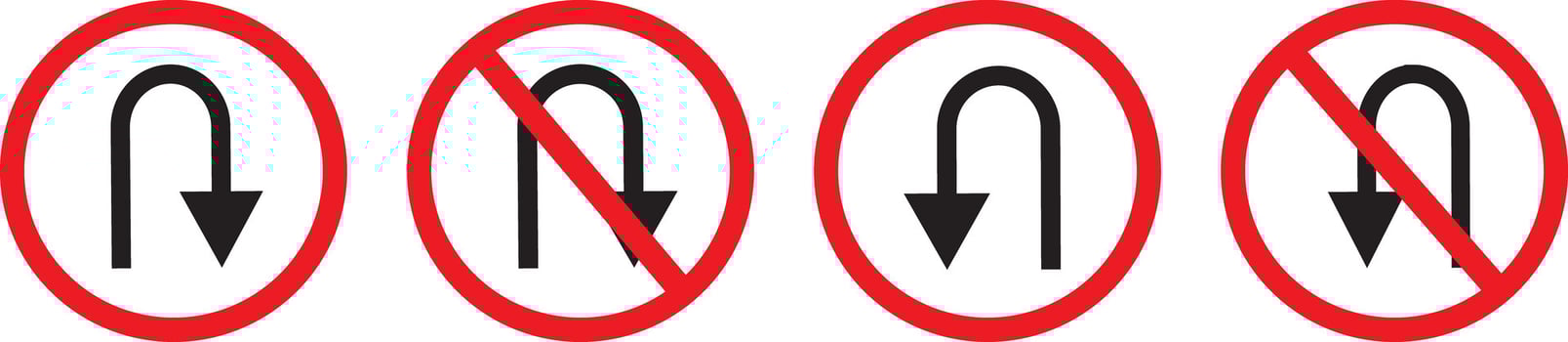 Bundle set of isolated design, no turn right, left, u turn signs, background, turn instruction in red circle sign, vector