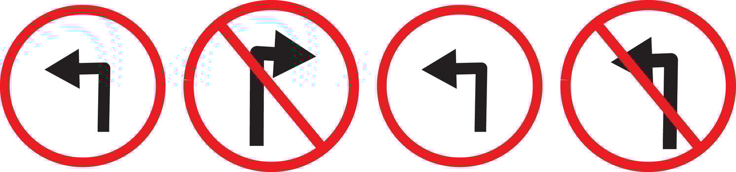traffic road sign icon design, no turn right, left, u turn signs, background, turn instruction in red circle sign vactor, vector